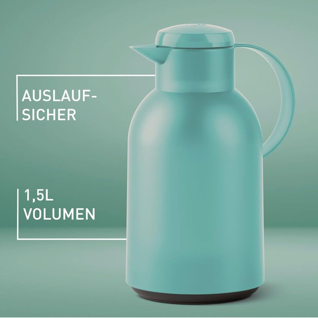 Emsa Samba Isolierkanne, 1,5 Liter Fassungsvermögen, Quick Press Verschluss, 100% dicht, 12h heiss u