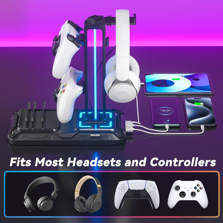 KDD Headset Halterung Led mit Ladestation - PS5 Controller Halter & Kopfhörer Ständer Tisch mit 9 Li