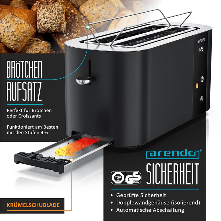 Arendo - Edelstahl Toaster 4 Scheiben Langschlitz - Touchscreen – Doppelwandgehäuse – 1500 W – Integ