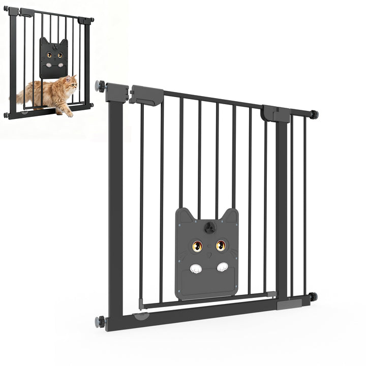 XMTECH Türschutzgitter mit Katzenklappe, ohne Bohren Schwarz 85-95cm | Selbstschliessend mit 90° Sto