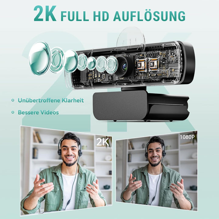 2K Full HD Webcam, mit Objektivabdeckung 30fps, 85° Weitwinkel, USB, Dual Mikrofon, Fester Fokus, Be