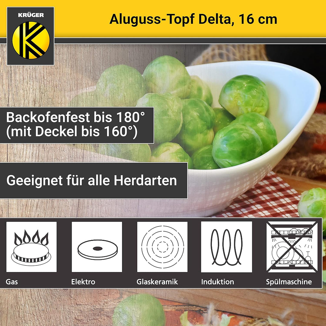 Krüger Aluguss-Topf Delta mit Glasdeckel - 16 cm - Kochtopf für gesunde & fettarme Speisen - geeigne