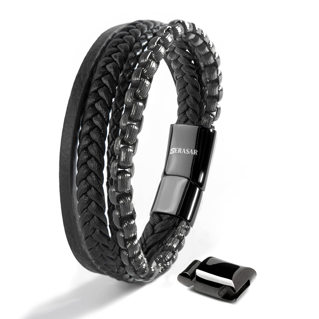 SERASAR Premium Lederarmband für Männer | Magnetverschluss aus Edelstahl in Schwarz, Silber & Gold |