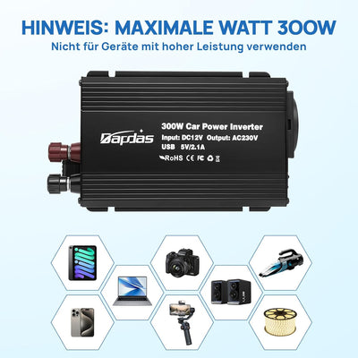 Bapdas 300W Wechselrichter DC 12 V auf AC 230 V Spannungswandler，USB-Anschlüssen (2,4A) für Auto, Wo