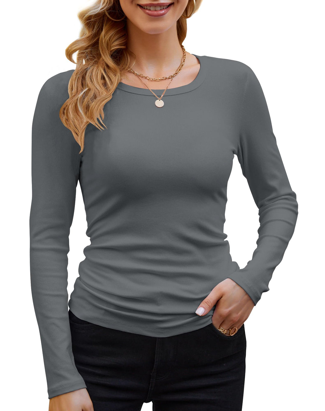 DUOEASE Langarmshirt Damen Rundhal Pullover Elegant Langarm Oberteile Rippshirt Tshirts Basic Tops D