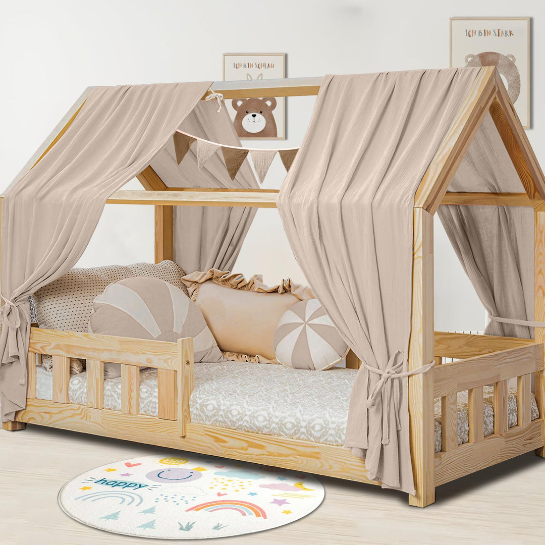 Hausbett Himmel Deko Set, Betthimmel Hausbett aus Musselin - 2 Betthimmel & 1 Wimpelkette, für Junge