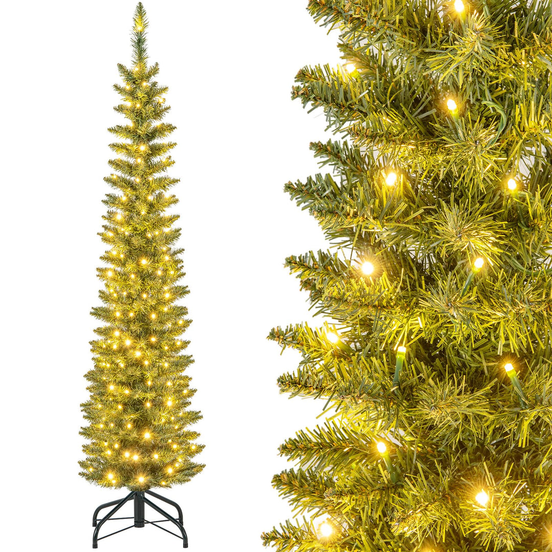 COSTWAY 150 cm Künstlicher Weihnachtsbaum mit Beleuchtung, Bleistift Tannenbaum mit 150 warmweissen