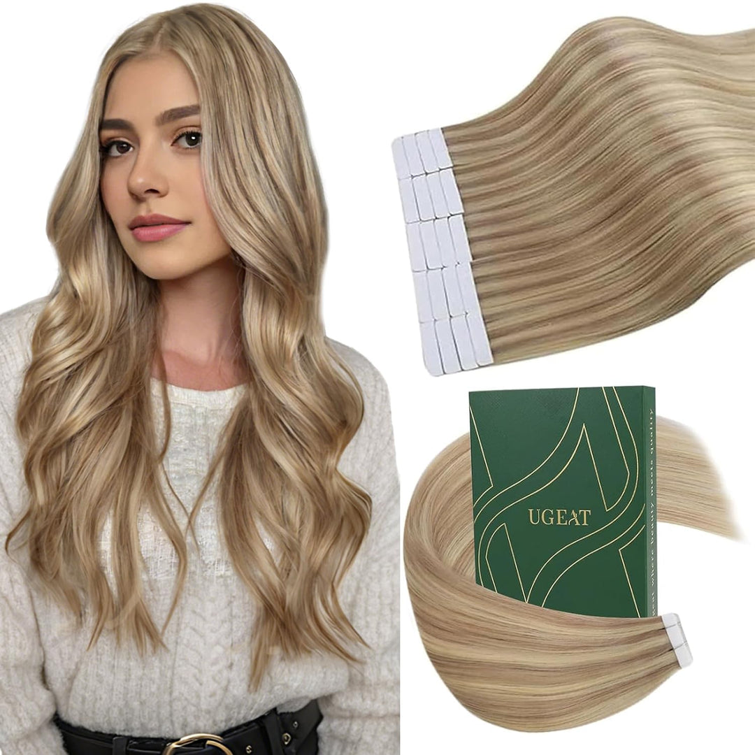 Ugeat Extensions Echthaar Tape 45 cm Blond Haarverlängerung Invisible Tape Extensions Echthaar Glatt