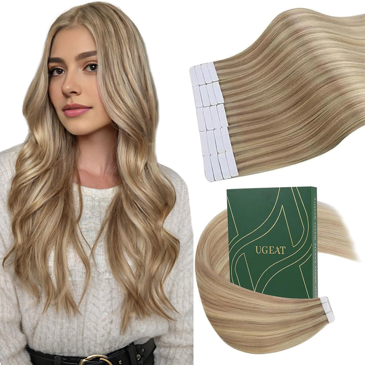 Ugeat Extensions Echthaar Tape 45 cm Blond Haarverlängerung Invisible Tape Extensions Echthaar Glatt