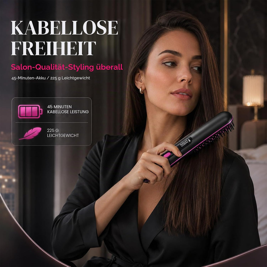 Anti-Frizz Haarglättung Glättbürste Kabellos, MCH Keramik Haarglätter Bürste, 3 Temperaturstufen LCD