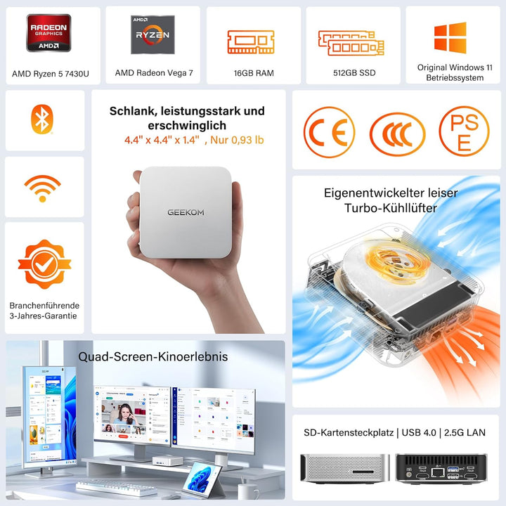 GEEKOM A6 Mini PC, AMD Ryzen 7 6800H (bis 4.7GHz), 16GB DDR5 RAM 512GB SSD, Mini Computer für Homeof