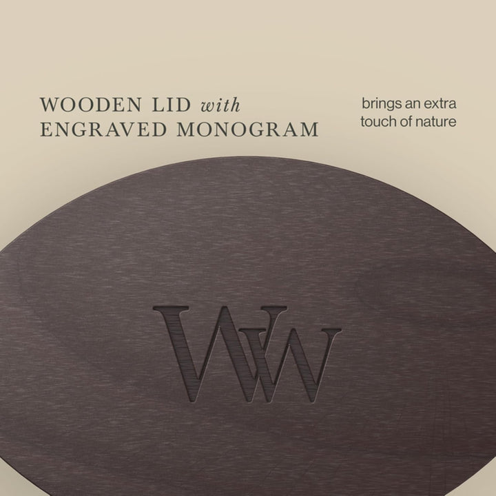 Ellipsenförmige WoodWick Duftkerze mit knisterndem Docht, Warm Wool, bis zu 50 Stunden Brenndauer,11
