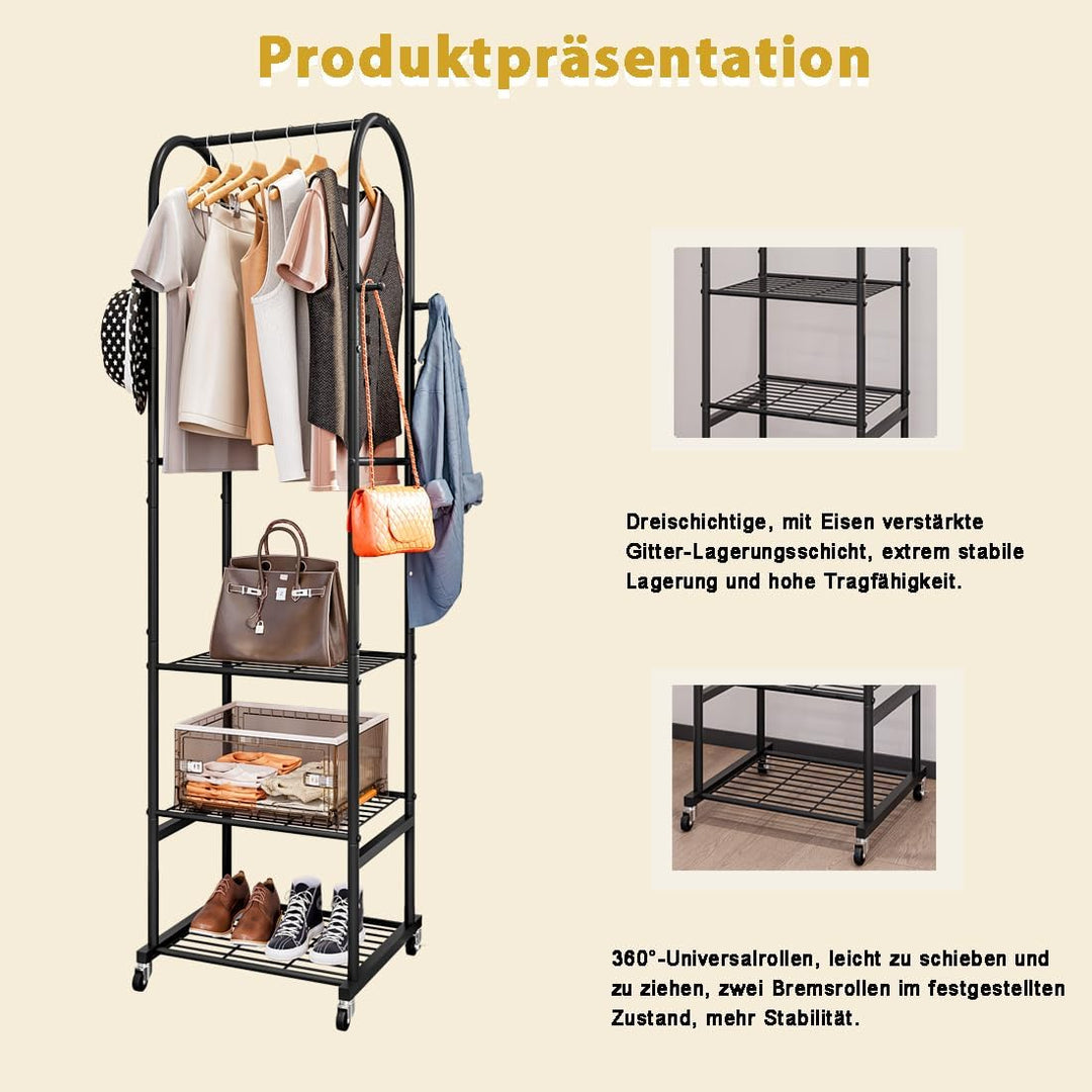 Kleiderständer mit Rädern und 3-stufigen Metallböden, Kleiderstangen zum Aufhängen von Kleidung mit