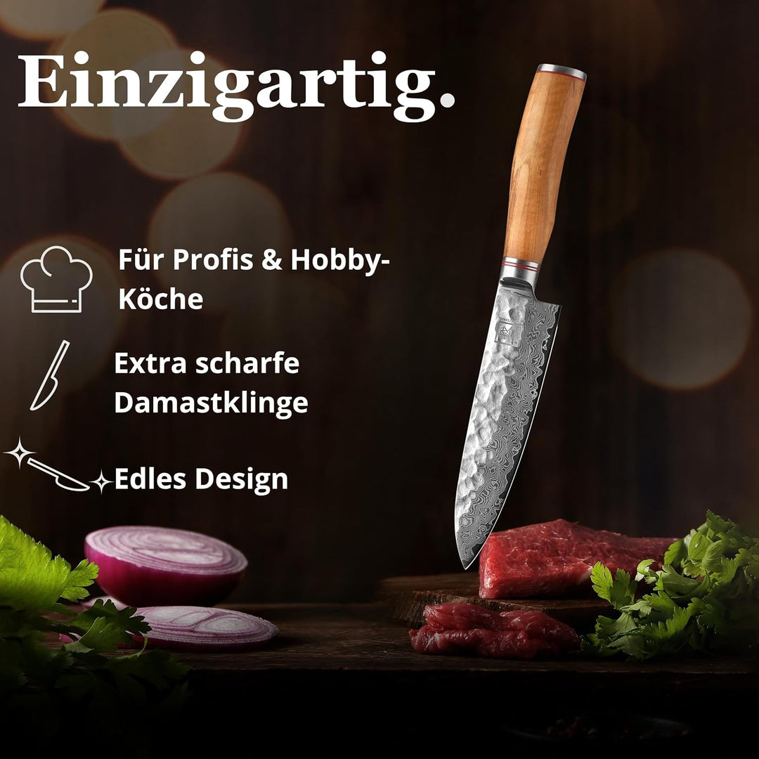 Zayiko Olive Damastmesser Santoku Messer 17,50cm Klinge extrem scharf aus 67 Lagen I Damast Küchenme