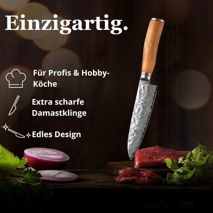 Zayiko Olive Damastmesser Santoku Messer 17,50cm Klinge extrem scharf aus 67 Lagen I Damast Küchenme