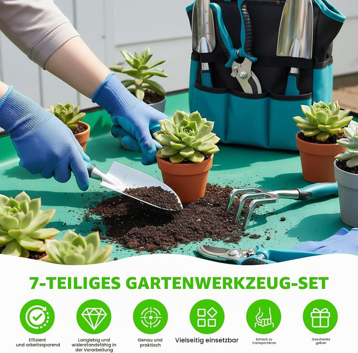 Gartenwerkzeug Set 7-teilig Mit Handschuhen Und Aufbewahrungstasche, Ergonomische rutschfeste Griffe