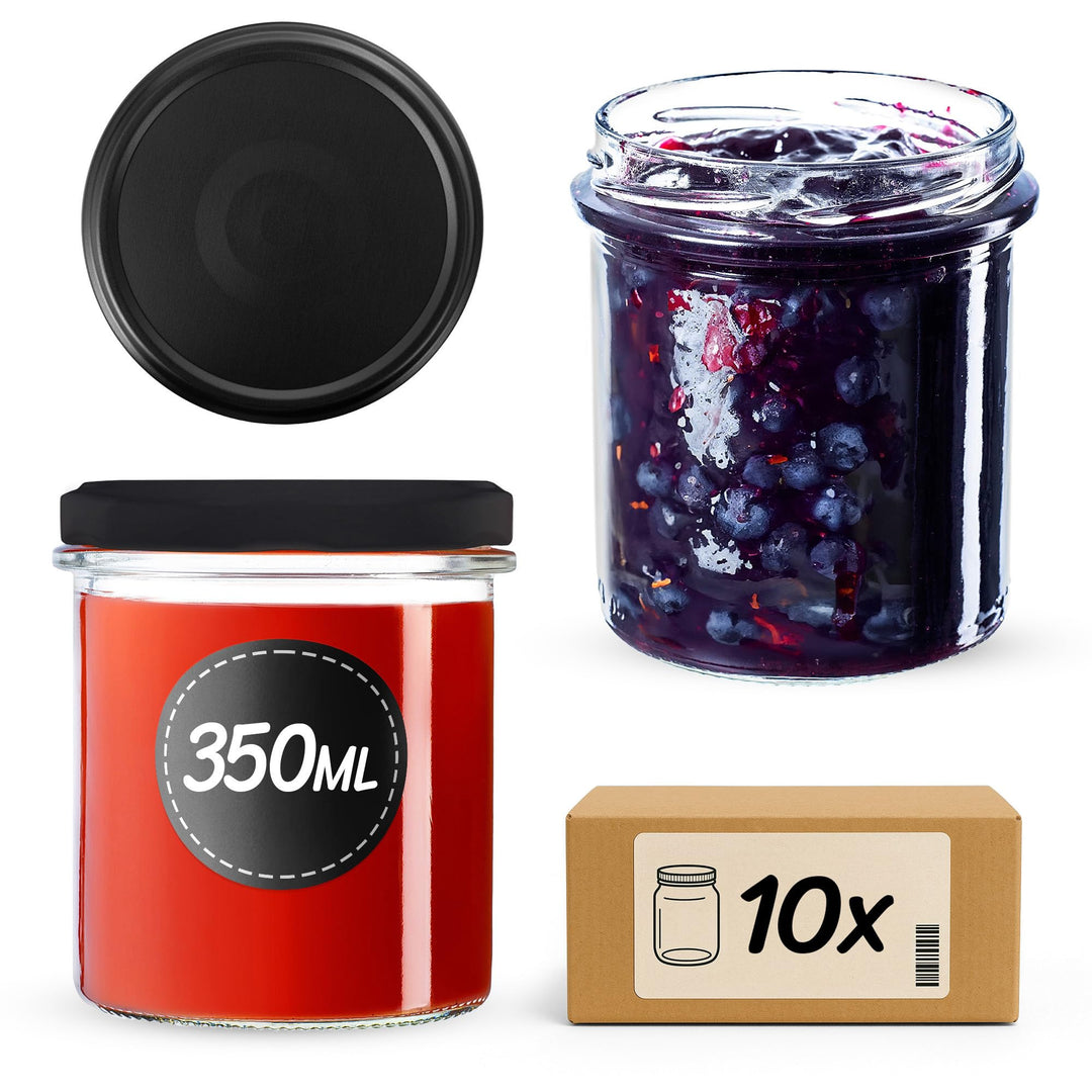KADAX 10er Set Marmeladengläser 350ml TO82 Schwarz matt, Einmachgläser Vorratsgläser Mason Jar mit S