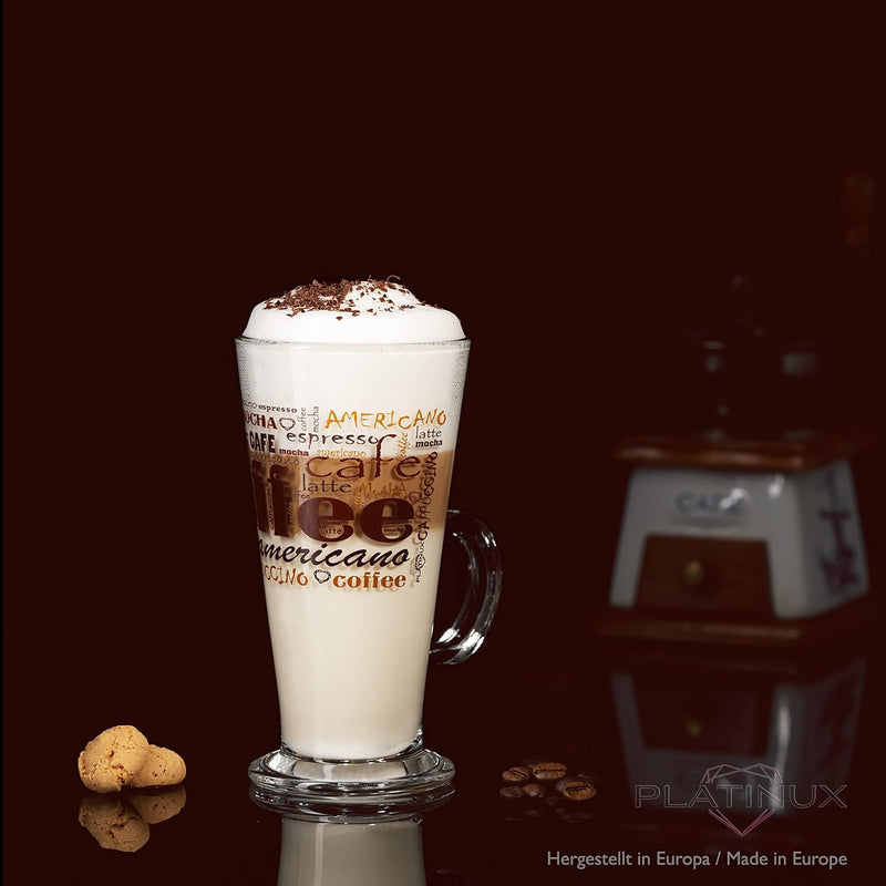 PLATINUX Kaffeegläser mit Motiv max. 280ml Set 6-Teilig aus Glas Latte Macchiato Gläser mit Griff Ca