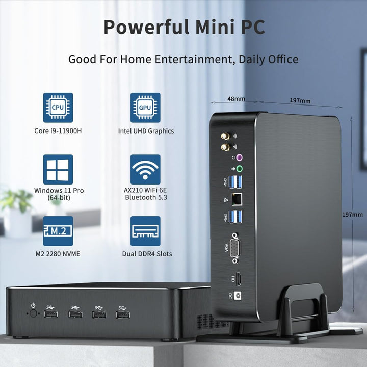 Mavsloly Mini PC mit Core i9-11900H, 32G RAM, 1T SSD Desktop Computer, 4K, 1x HDMI, 1x VGA Dual Disp