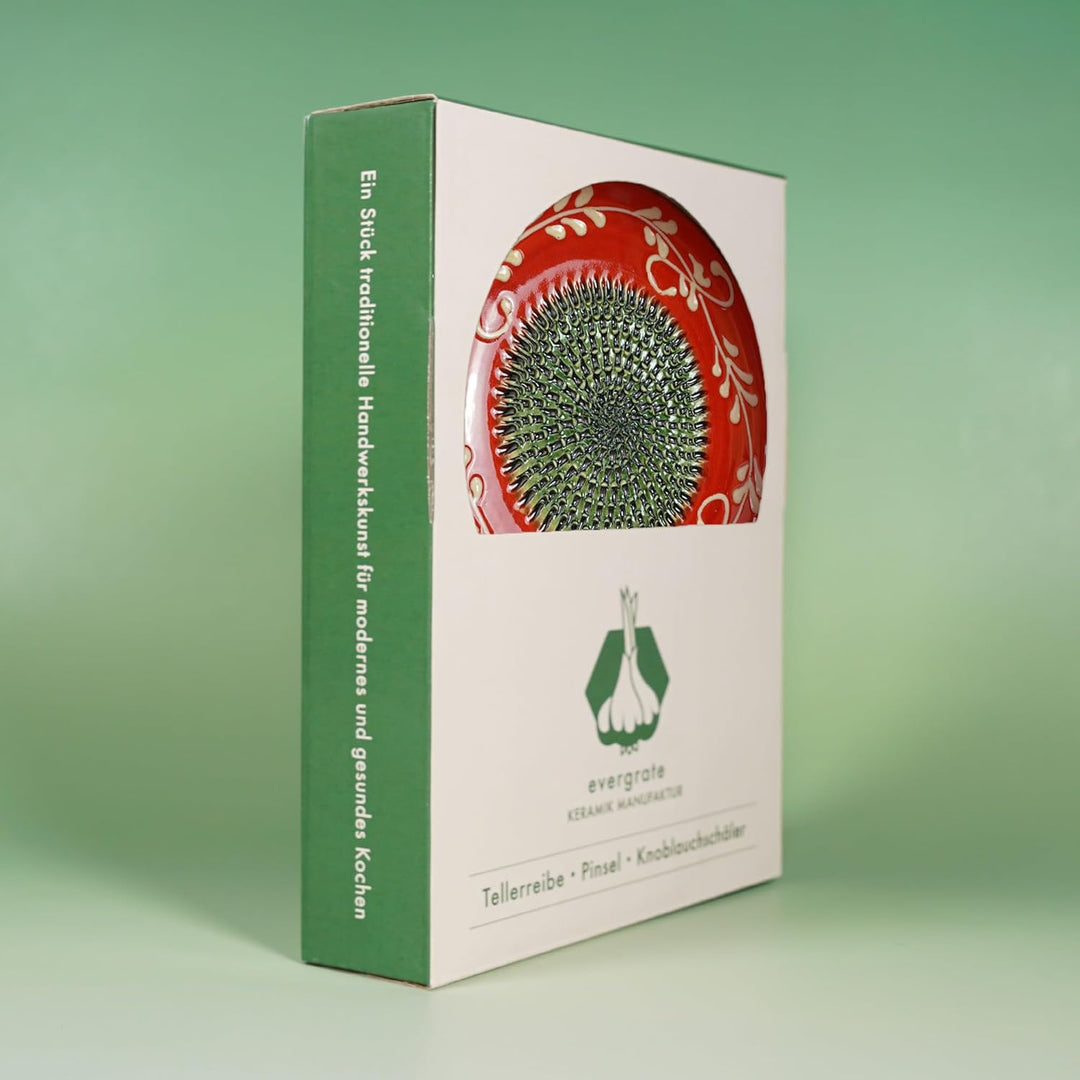 Evergrate® Keramikreibe Fernando mit Geschenkbox – mit Reibe, Knoblauchschäler, Rezeptheft & Pinsel