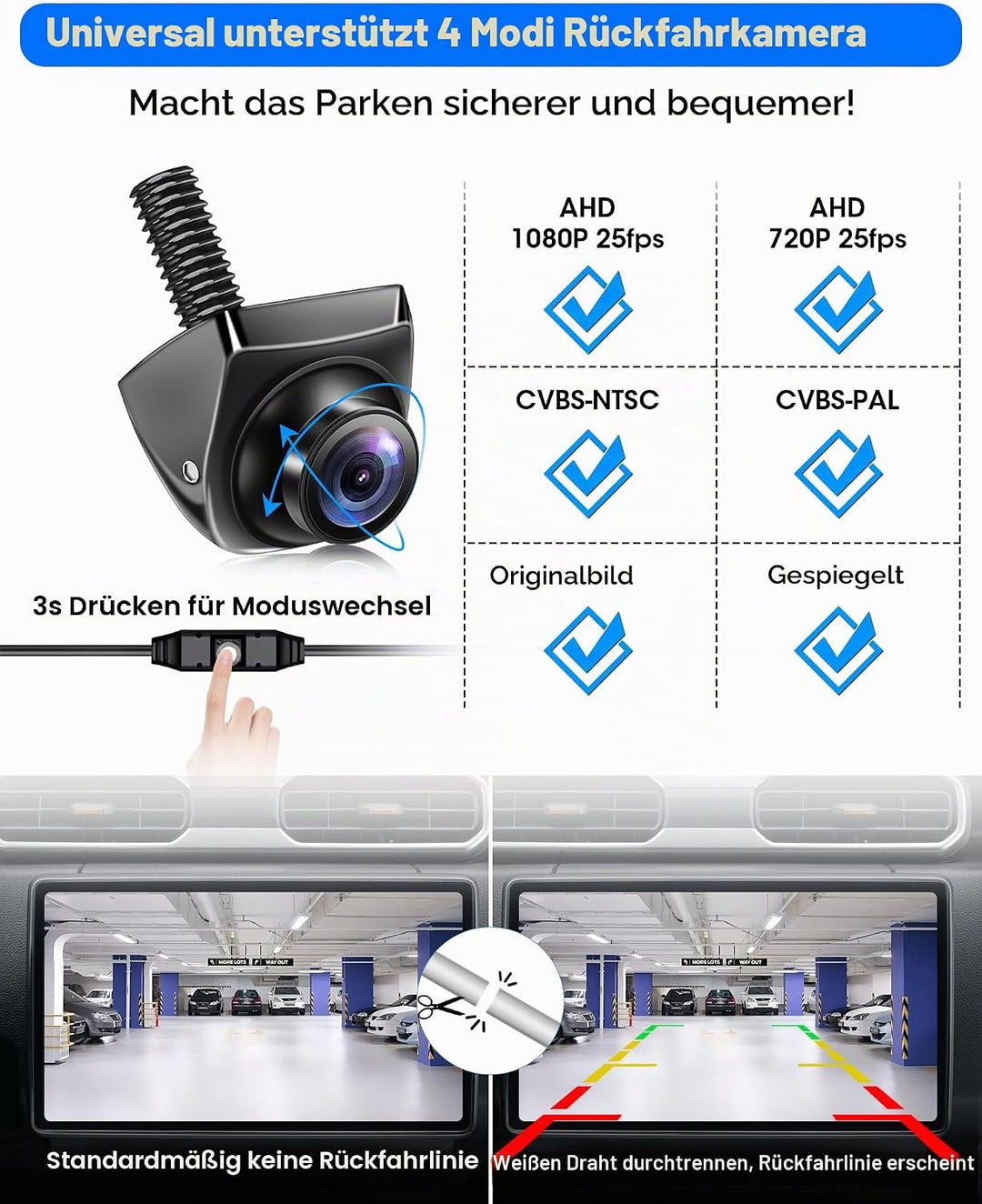 Rückfahrkamera AHD 1080P/AHD 720P/CVBS/PAL Rückfahrkamera Auto, 360° Drehbar Auto Rückfahr.kameras U