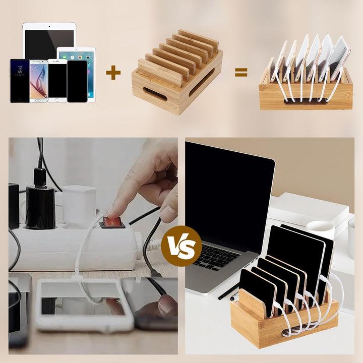Holz Ladestation für Mehrere Geräte, 6 Fächer Desktop Handy Docking Holder USB Multi Charger Organiz