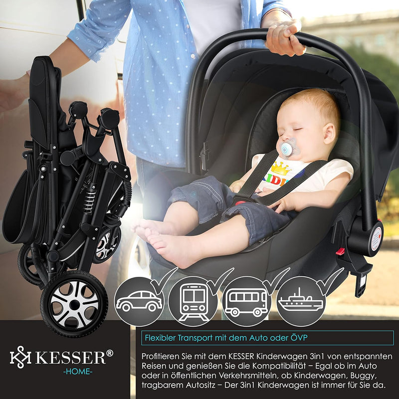 KESSER® Loops 3 in 1 Kinderwagen Kombikinderwagen Komplett-Set inkl. Babywanne & Buggy Sportsitz & A