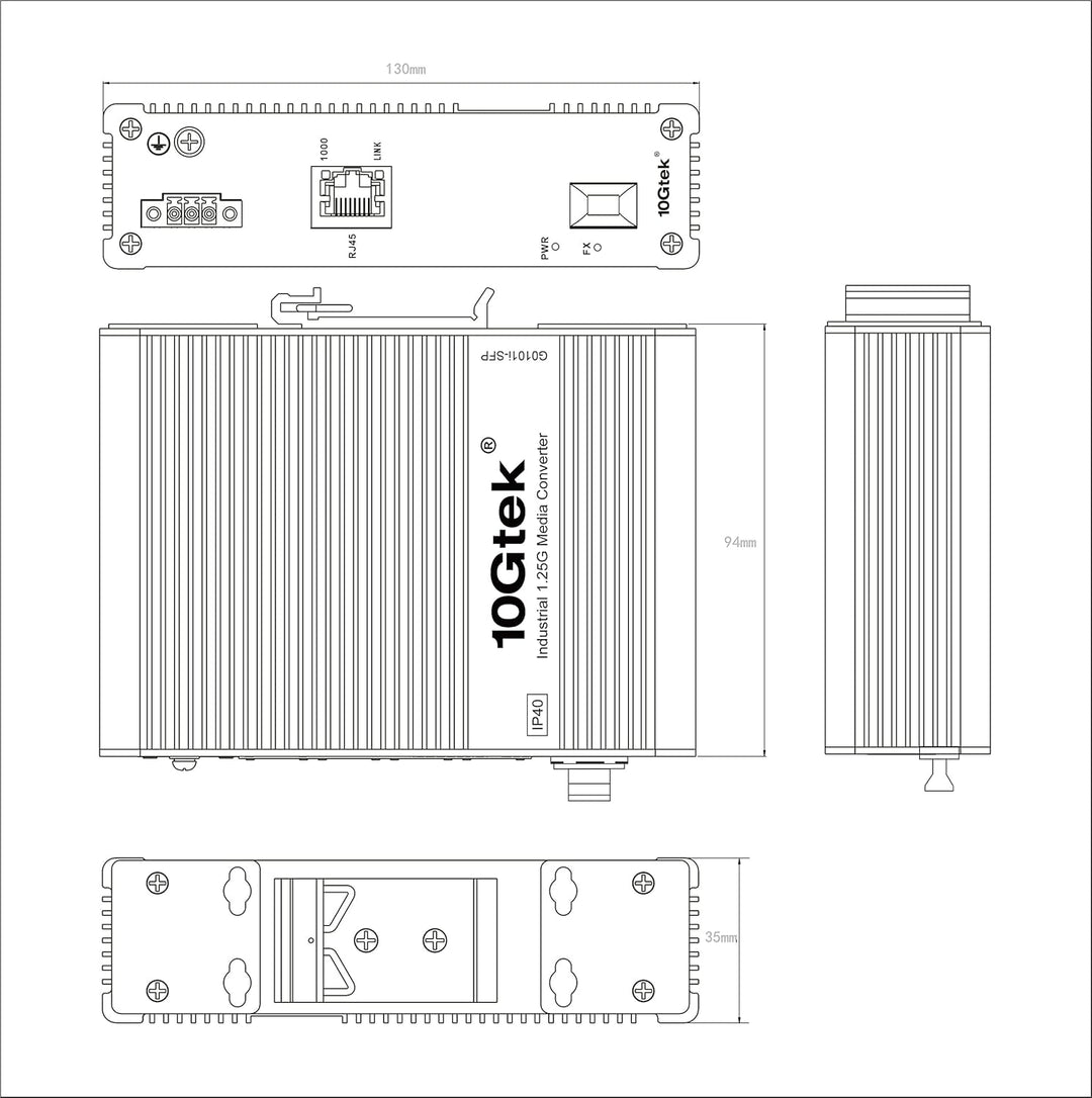 10Gtek Gigabit 1.25G Industrial IP40 Media Converter, (w/ 20-km SFP transceiver), G0101i, DIN-Rail M
