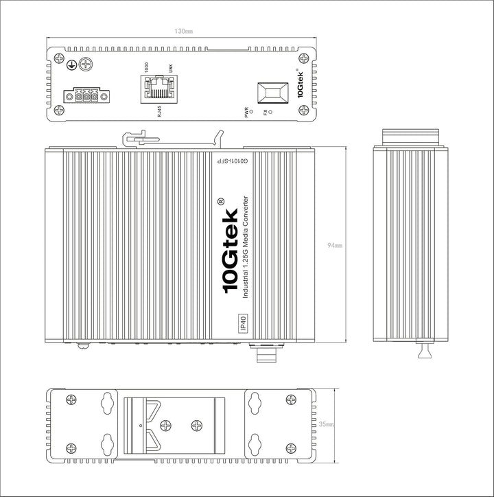 10Gtek Gigabit 1.25G Industrial IP40 Media Converter, (w/ 20-km SFP transceiver), G0101i, DIN-Rail M
