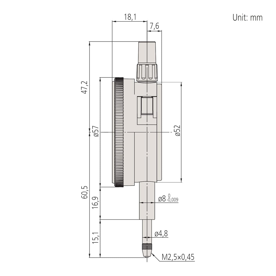 Mitutoyo Messuhr, flacher Abschlussdeckel, ISO Ausführung, Edelsteingelagert, Stossgeschützt, 1 mm,