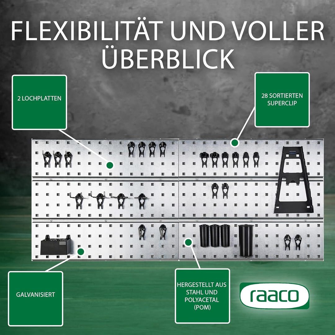 raaco 2 TWP Set Verzinkte Werkzeugwand - Lochwand Werkstatt mit 28 SuperClips, 104 x 44 cm, 150 kg T