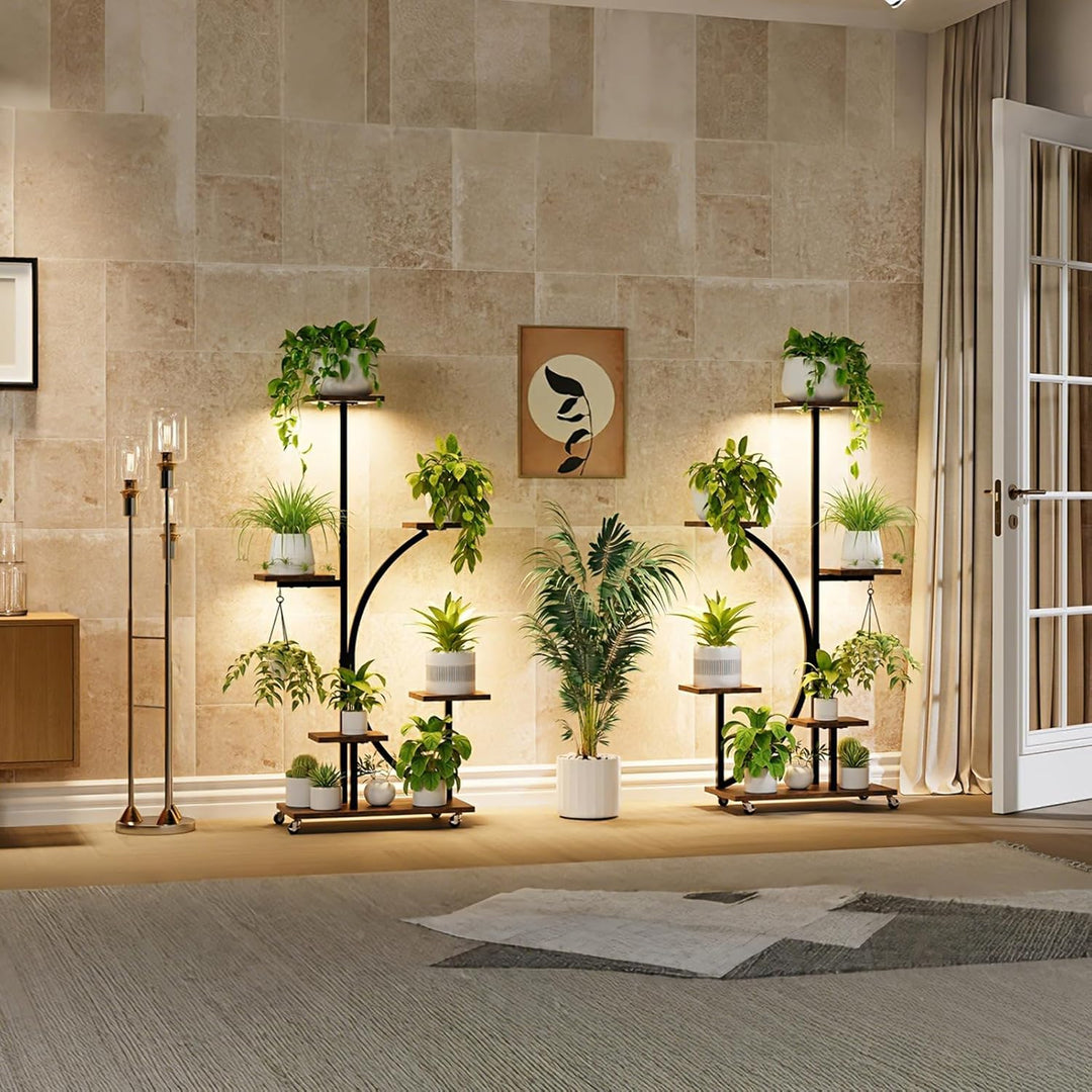 Pflanzenständer mit Wachstumslicht, Blumenständer 6 Stöckiges 125cm, Pflanzenregal Metall Holz mit F