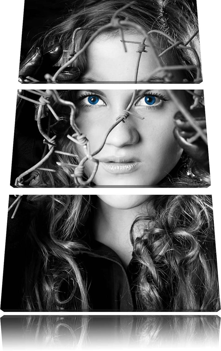 Sexy Girl mit ozeanblauen Augen vor Stacheldraht schwarz/weiss 3-Teiler Leinwandbild 120x80 Bild auf