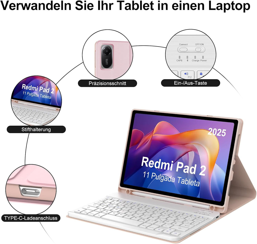 Hülle mit Tastatur für Xiaomi Redmi Pad 2 11 Zoll 2025/Redmi Pad SE 11 Zoll 2023 mit Stifthalter, Ma