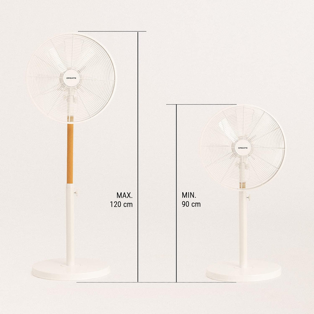 CREATE / AIR STAND WOOD/Standventilator Weiss und Naturholz mit Oszillation 75º / 50W, Ø36cm, 3 Gesc