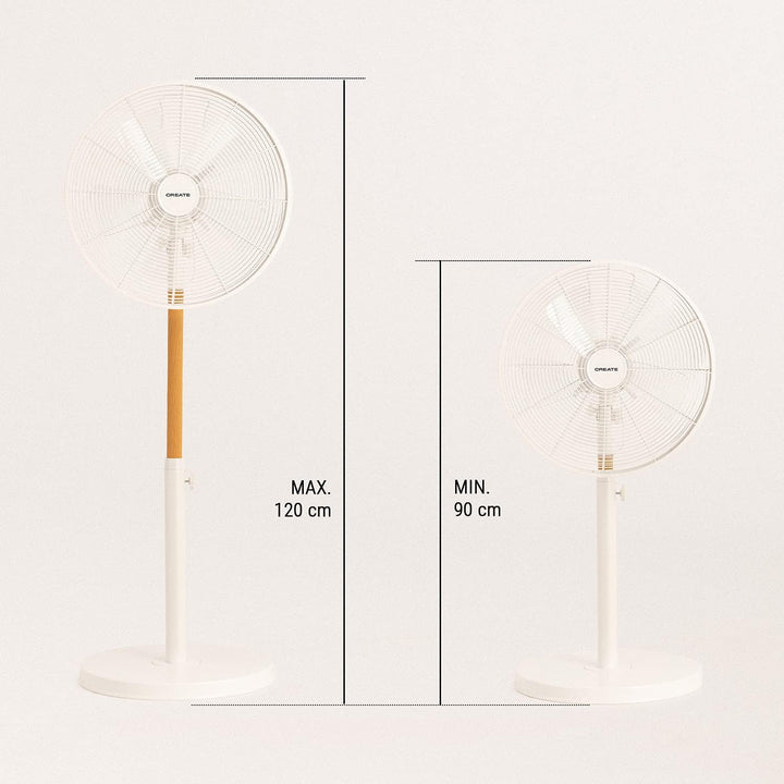 CREATE / AIR STAND WOOD/Standventilator Weiss und Naturholz mit Oszillation 75º / 50W, Ø36cm, 3 Gesc