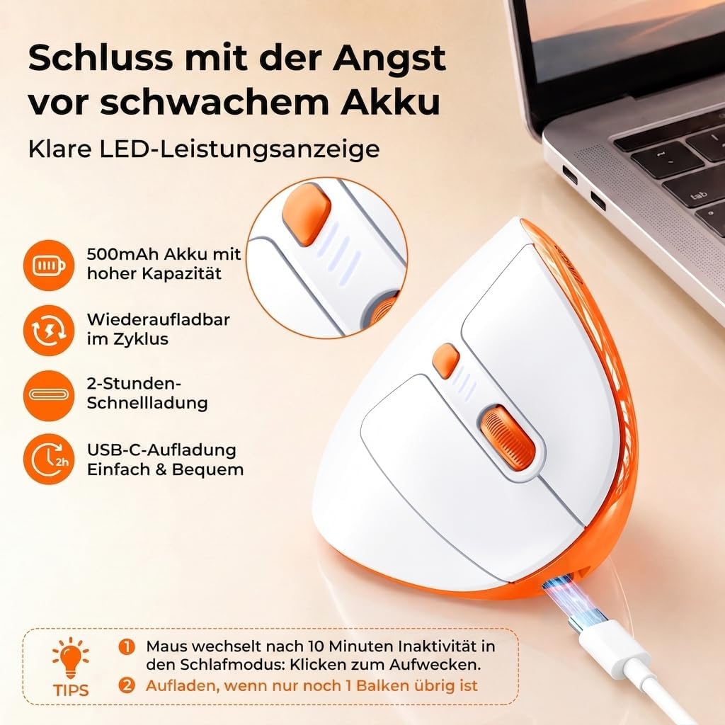 Uineer Vertikale Ergonomische Funkmaus 【Verbesserter Komfort】, leichtes und leises Design, wiederauf