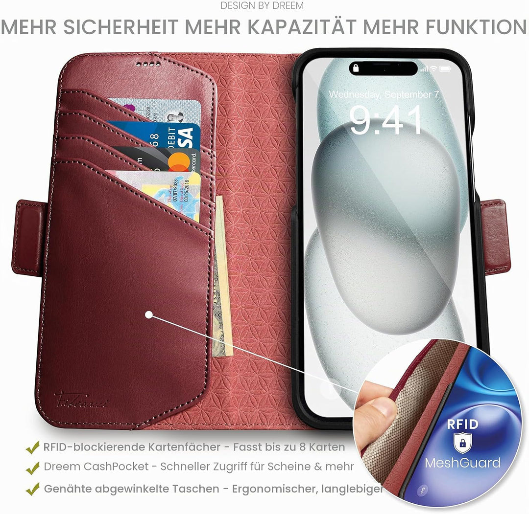 Dreem Fibonacci iPhone 15 Brieftaschen-Etui / 2-in-1 stossfestes Etui und abnehmbares Folio aus vega