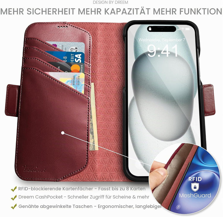 Dreem Fibonacci iPhone 15 Brieftaschen-Etui / 2-in-1 stossfestes Etui und abnehmbares Folio aus vega