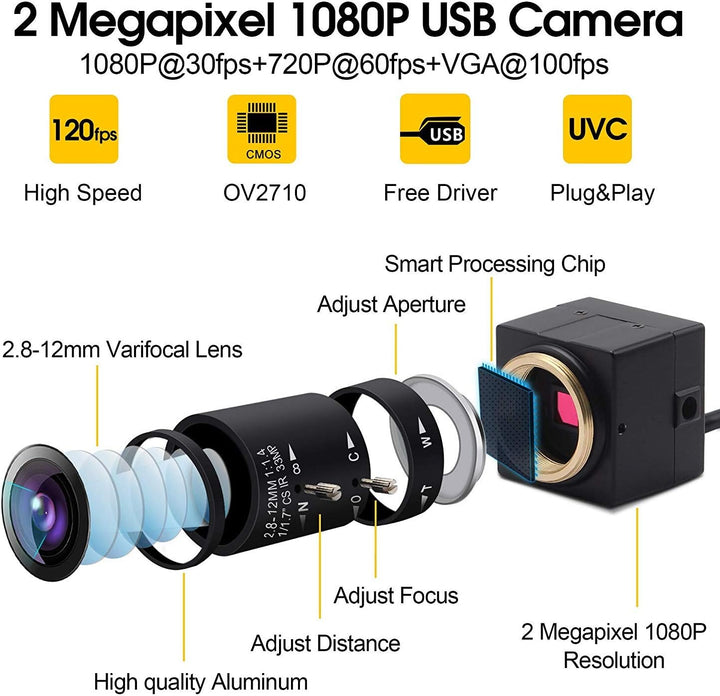 Svpro 2,0 Megapixel 2,8-12 mm Varioobjektiv USB Kamera 1080P Full HD 120fps / 60fps / 30fps USB Indu