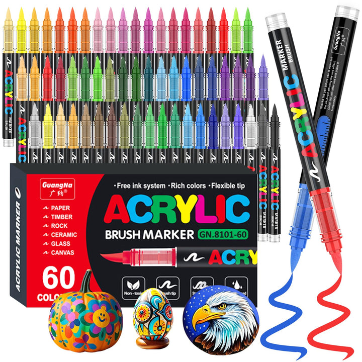 Funnasting 60 Farben Acrylstifte, Weiche Pinselspitze Acrylmarker, Acrylstifte Set für Steine Wasser