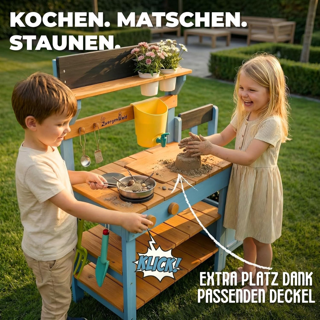 Matschküche Kinder Outdoor mit Wassertank & Spülbecken, mit Pflanzkasten, Mud Kitchen Holz, Spielküc