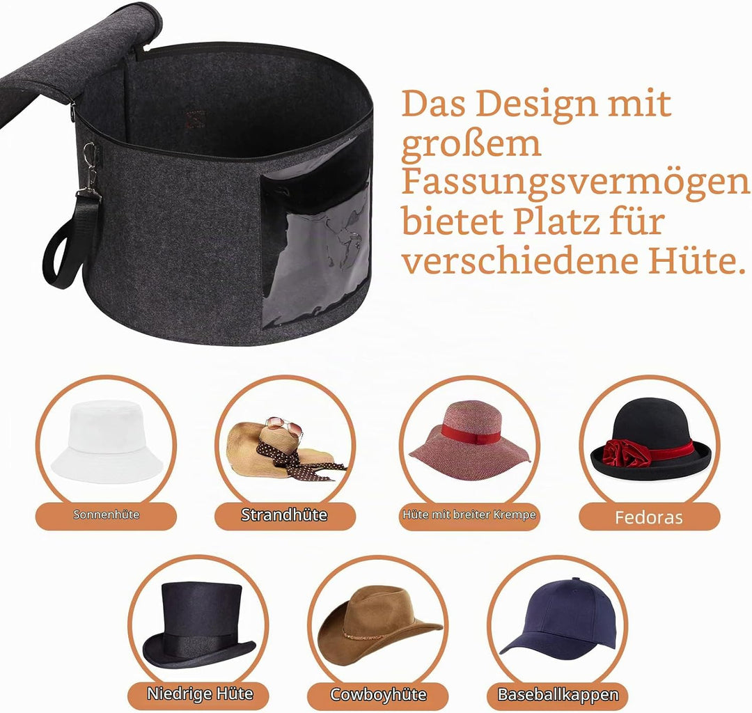 Grosse Hutschachteln mit Deckel, 45 cm × 30 cm Faltbare runde Hut-Aufbewahrungsbox aus Filz mit Grif