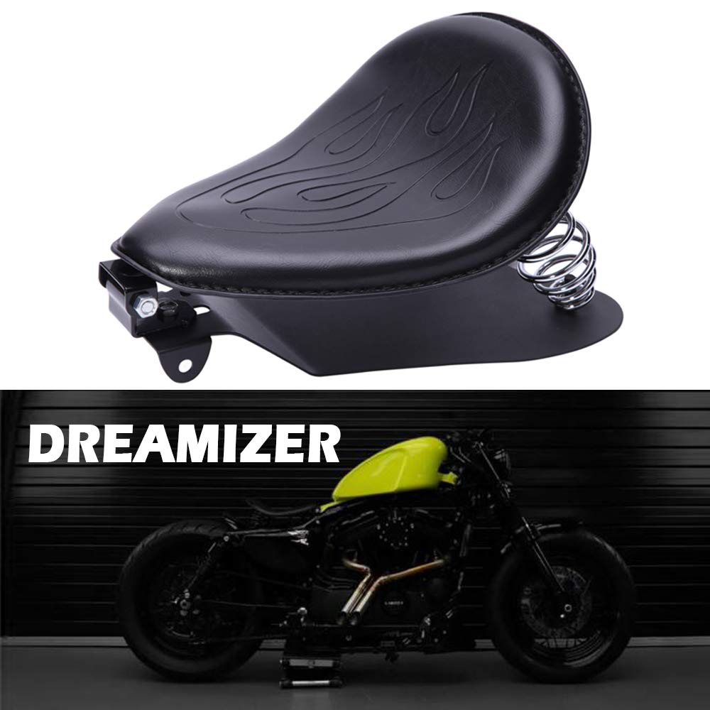 DREAMIZER Schwarzer Motorrad Leder Bobber Sitz, Motorrad Solositz mit Federhalterung Grundplatte für