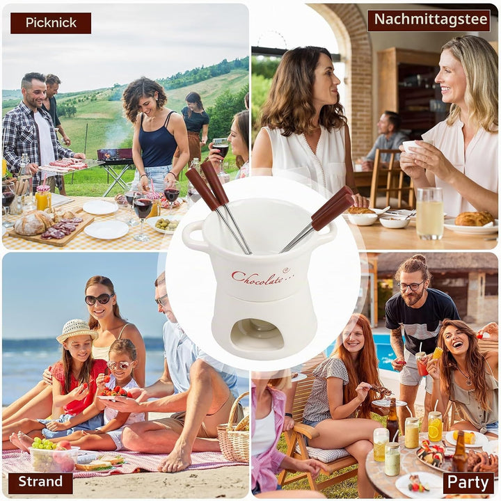 BigKing Schokoladen- und Käse-Tiegel, 300 ml, Schokoladenfondue aus Keramik mit 4 Gabeln und 4 Teeli