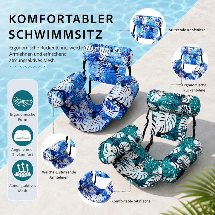 Wasserhängematte Pool Erwachsene 2er Set Aufblasbarer Schwimmsessel mit Stoffbezug Rückenlehne Handp