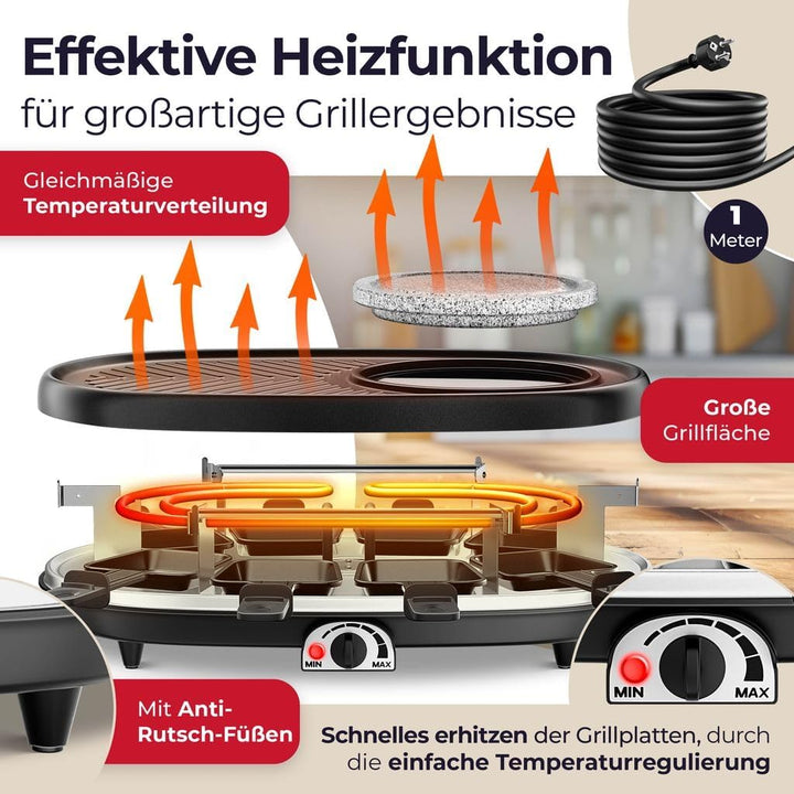 KESSER® 3in1 Raclette-Grill mit Naturgrillstein, Grillplatte und Fondue, Tischgrill für 8 Personen,