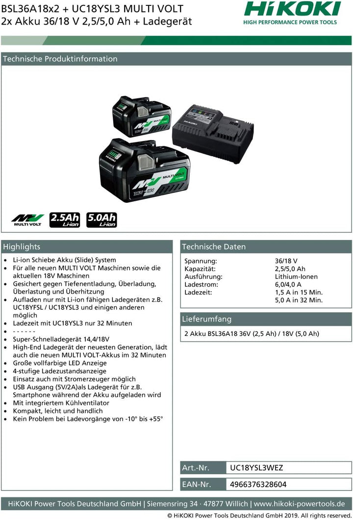 HiKOKI Booster Pack BSL36A18 x 2 + UC18YSL3 (36V 2.5Ah/18V 5.0Ah