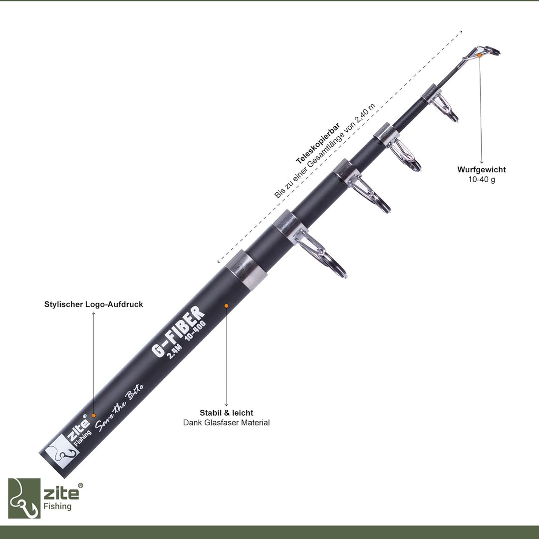 Zite Fishing Forellen Angelset | Teleskoprute 240cm + Angelrolle Bespult mit Ersatzspule + Vorfach-H