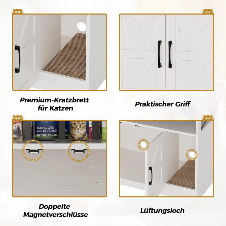 Katzenklo Schrank, Katzenhaus Holz, Katzenschrank mit Tür, Versteckte Katzentoilette mit Kratzmatte